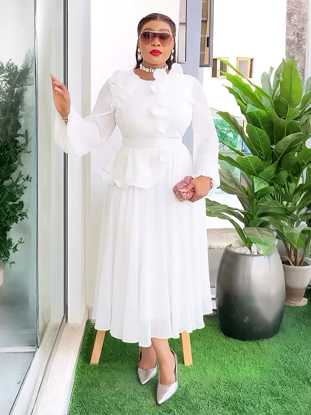 Plus Size African Women elegant pleated Ruffle Edge dress 6