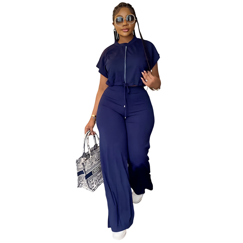 Summer Drawstring High Waist Slit Women's Fashion Two-Piece Pants Set 9