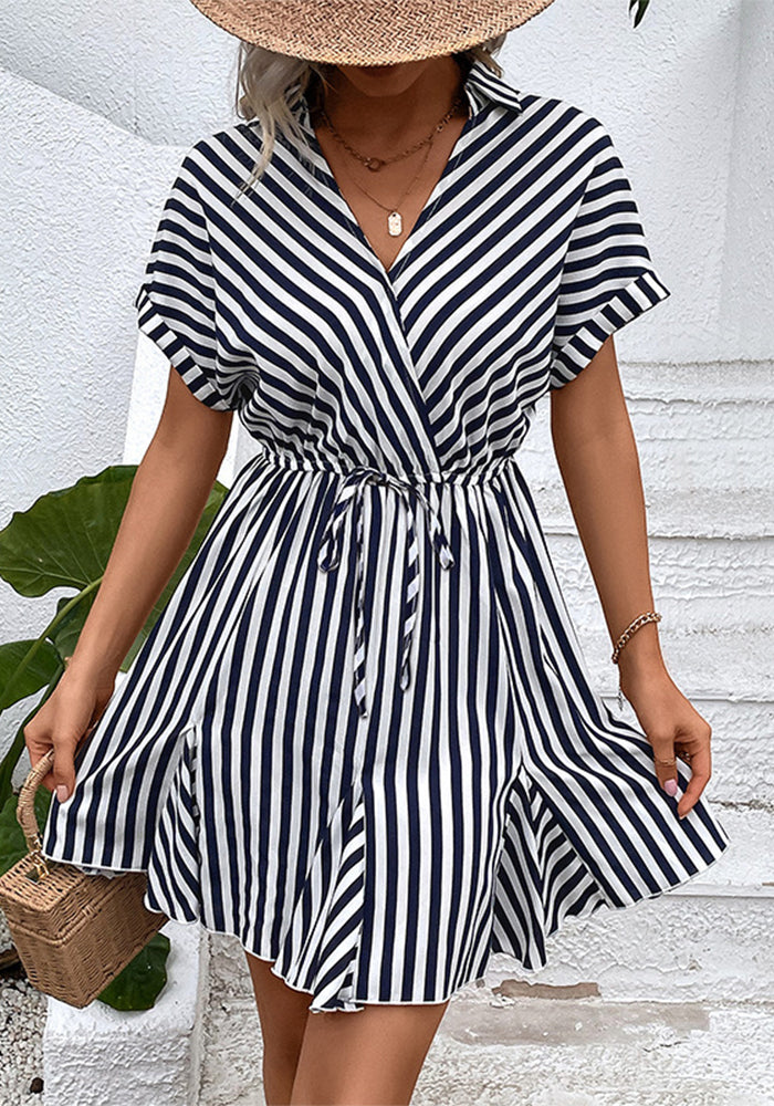 summer Turndown Collar Striped Slim Waist shirt dress