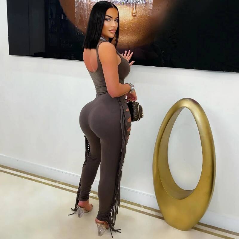 Fashion Sleeveless Bodysuit Cut Tassel and Tight Pants Set for Women 3