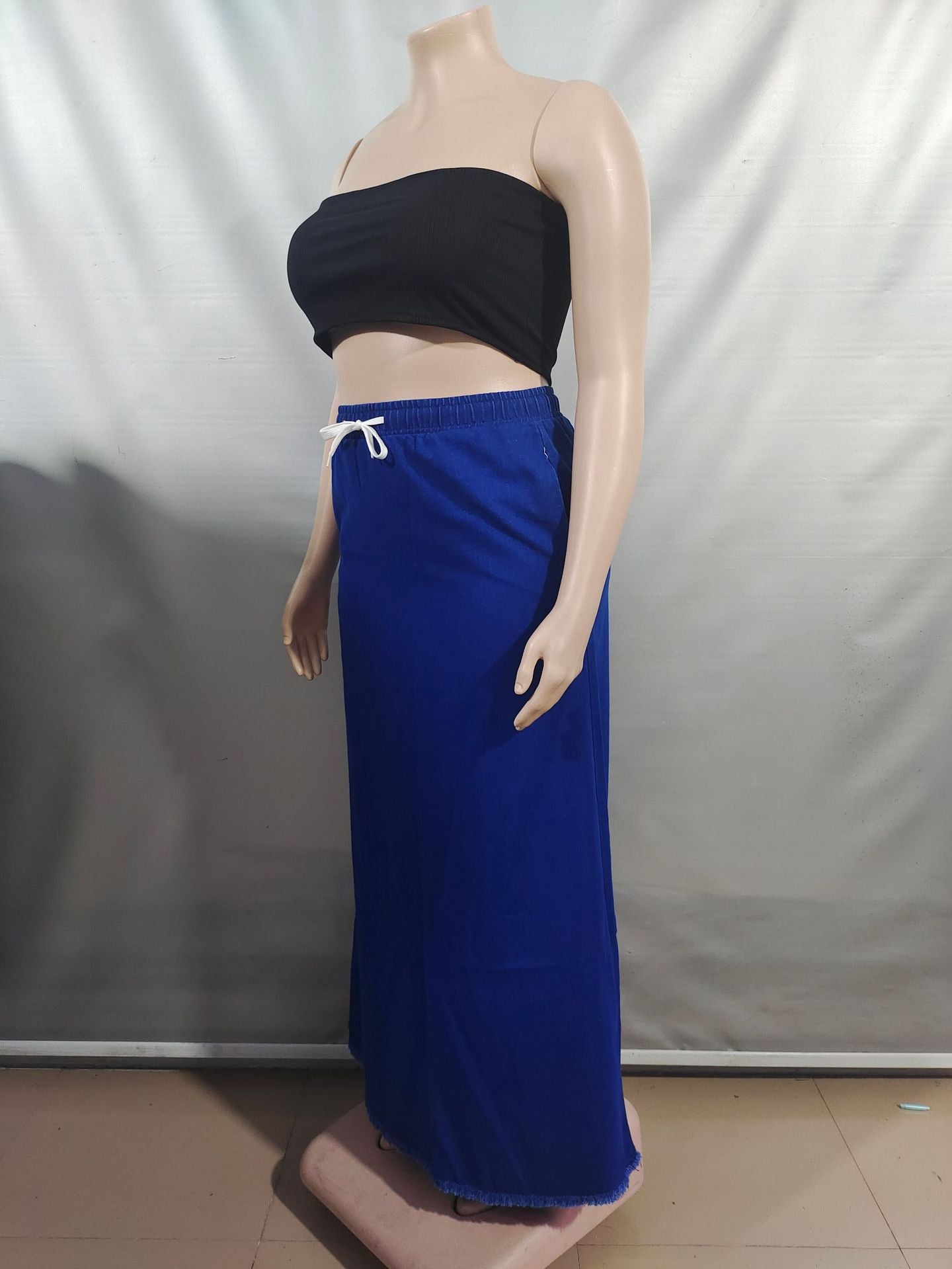 Women's Fashion Washed Solid Color Drawstring High Waist Ruffle Long Denim Skirt 8