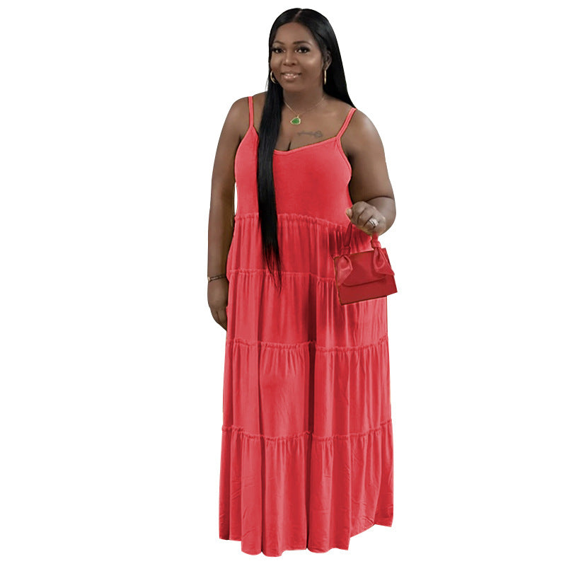 Summer Plus Size Women's Solid Color Sexy Camisole Pleated Patchwork Fashion Casual Dress 17