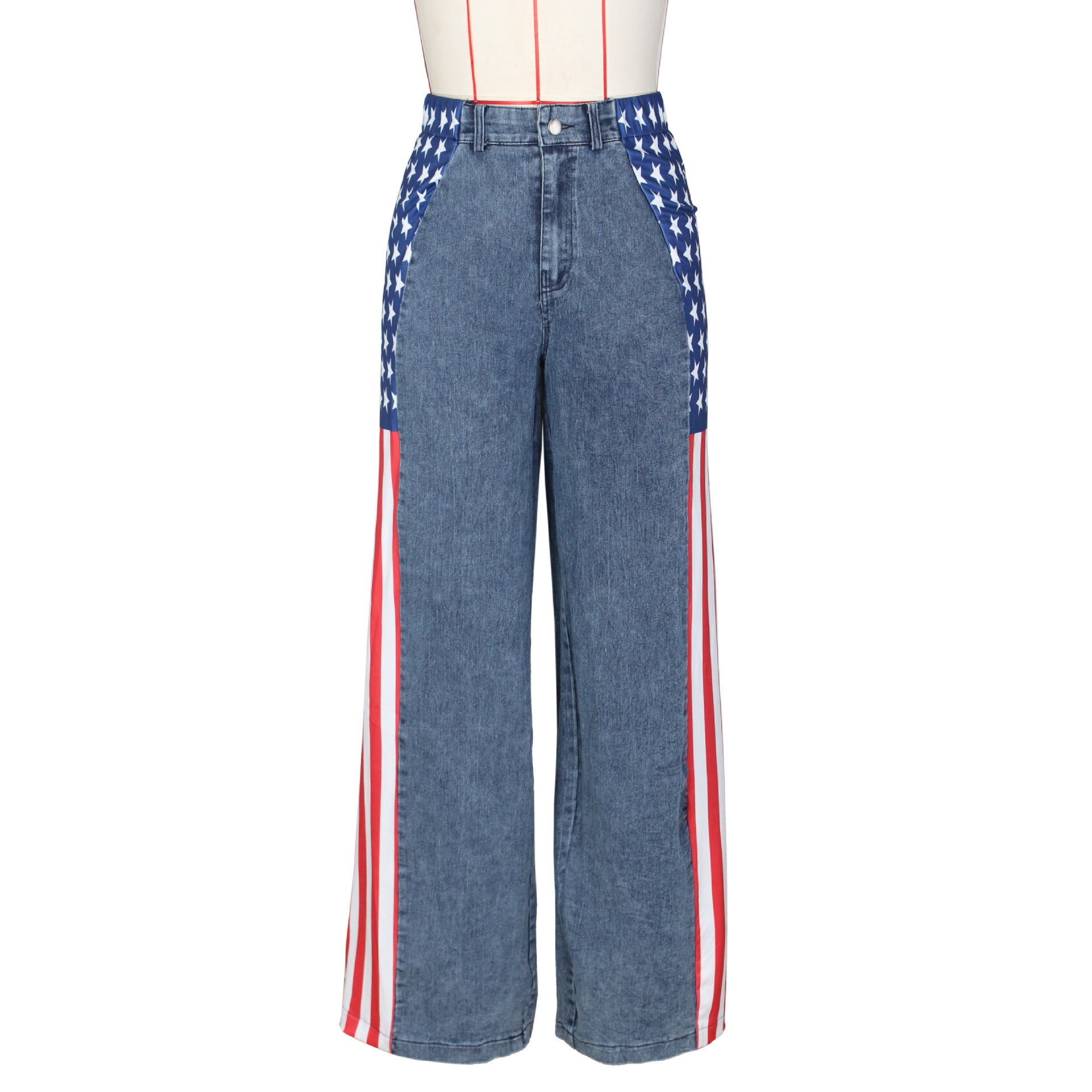 Women American Flag Printed Elastic Wide Leg Denim Pants 17