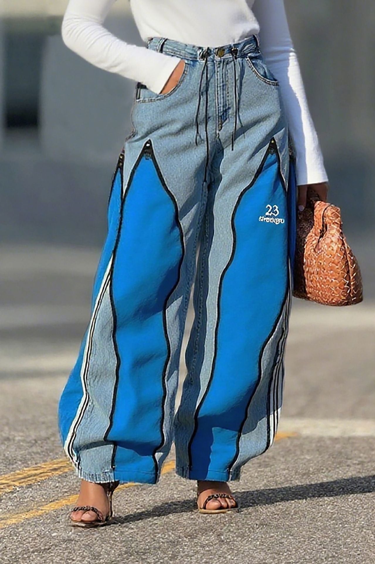 Women Patchwork Contrast Zipper Denim Wide-Leg Pants