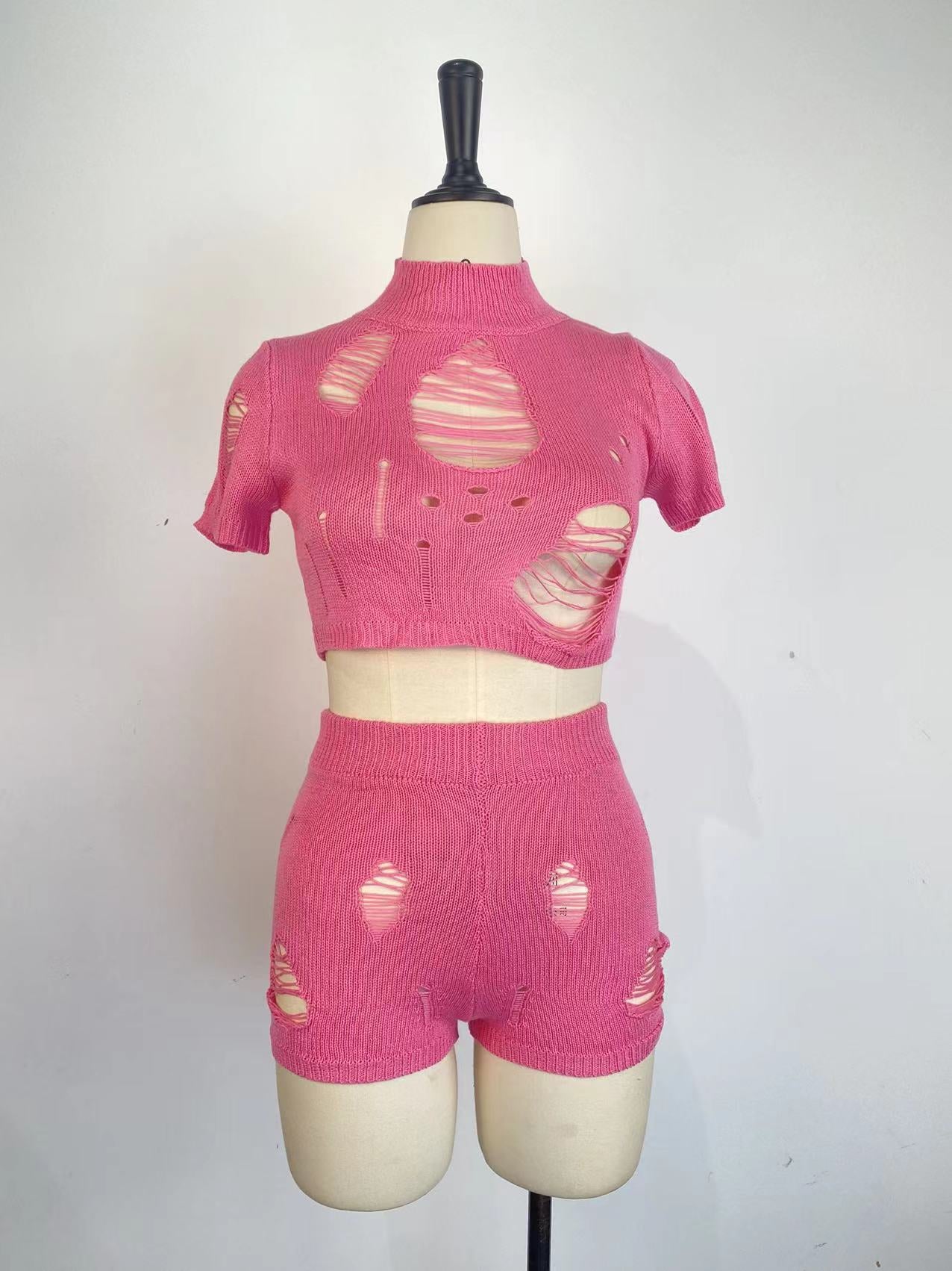 Women Fashion Knitting Tight Fitting Hollow Out Sexy Two Piece Shorts Set Spring Summer 18