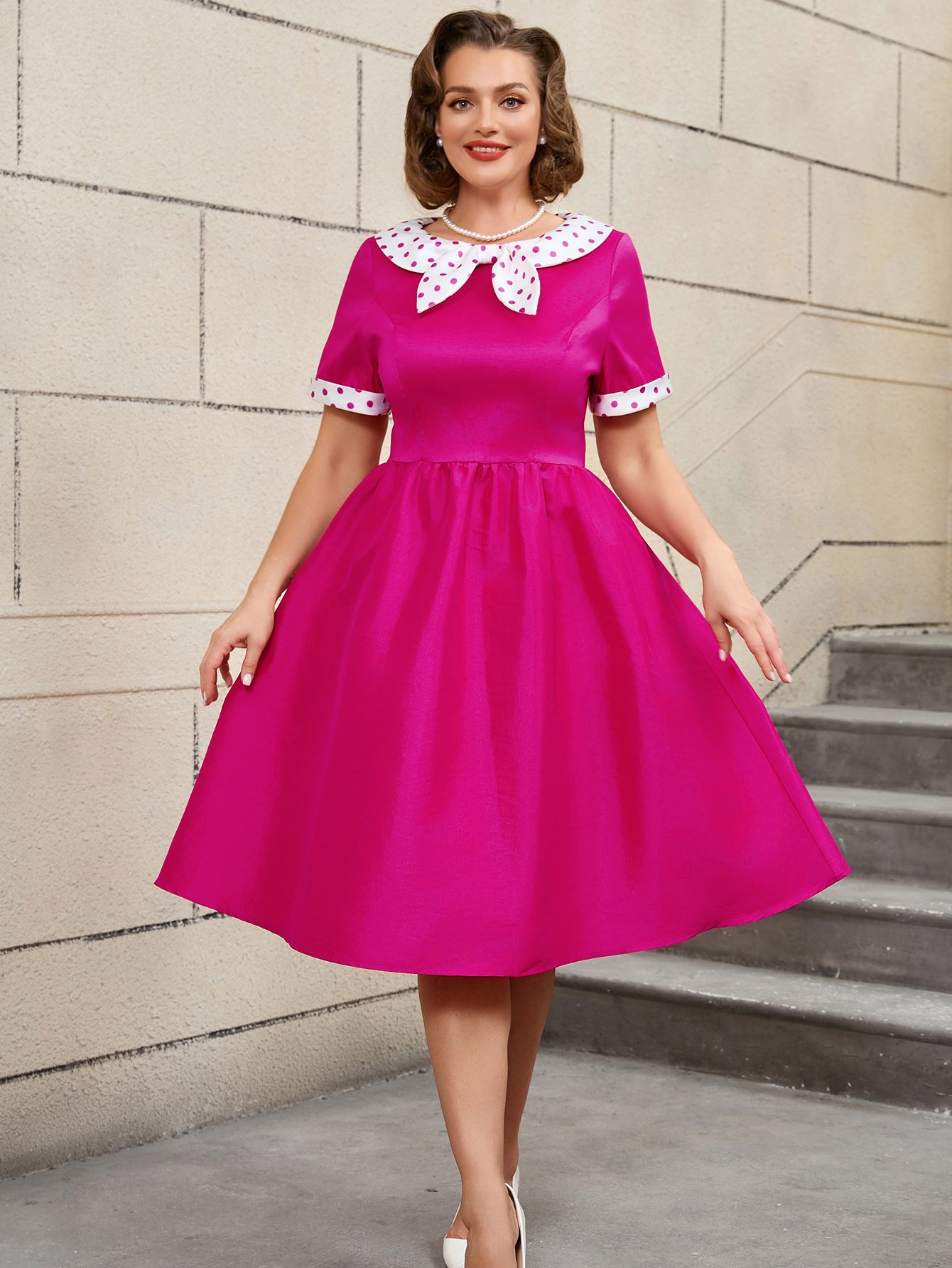 Plus Size Contrast Color Polka Dot Rose A-Line Career Dress 5