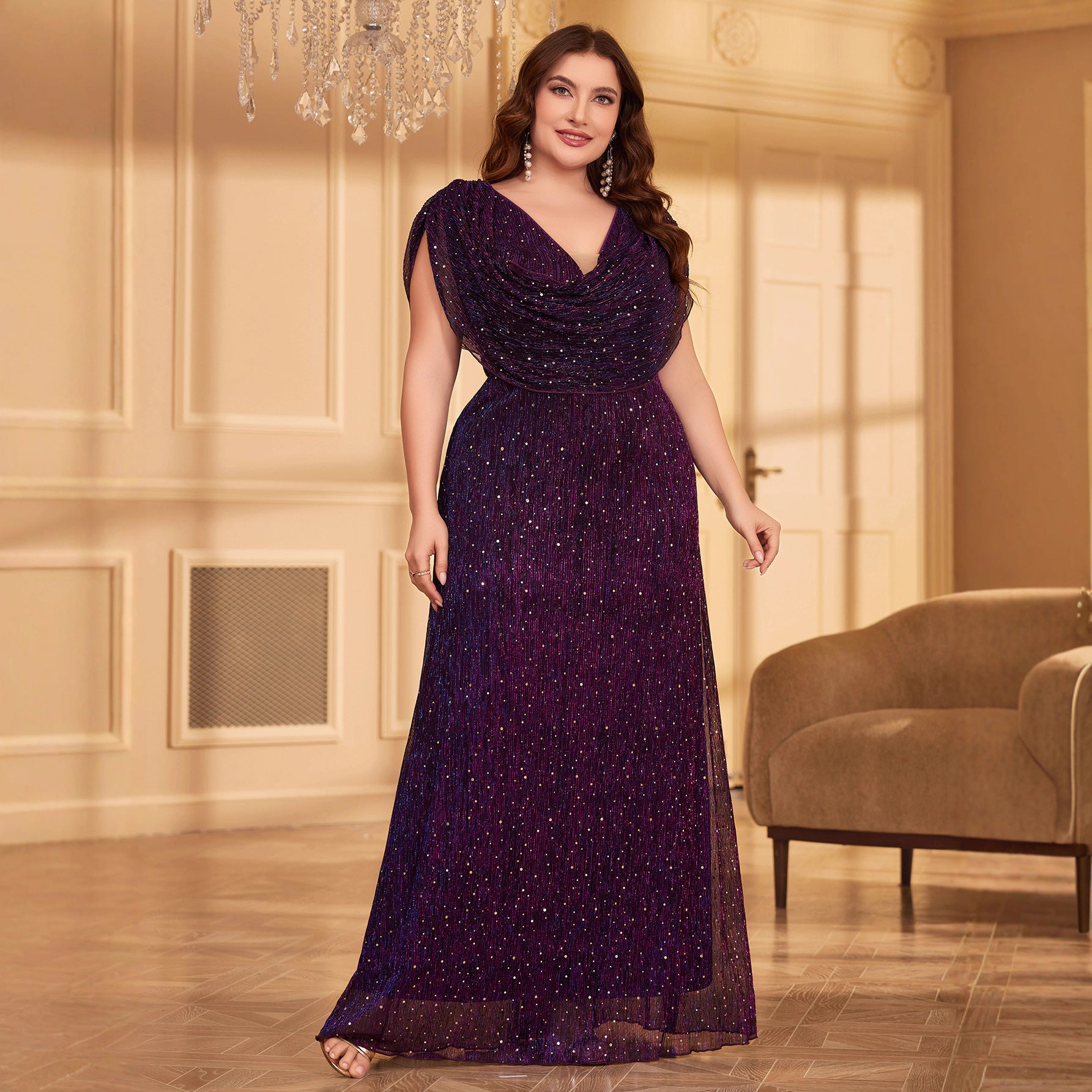Plus Size Long Formal Party Evening Gown Elegant Pleated Mesh Shiny See-Through Prom Dress 7