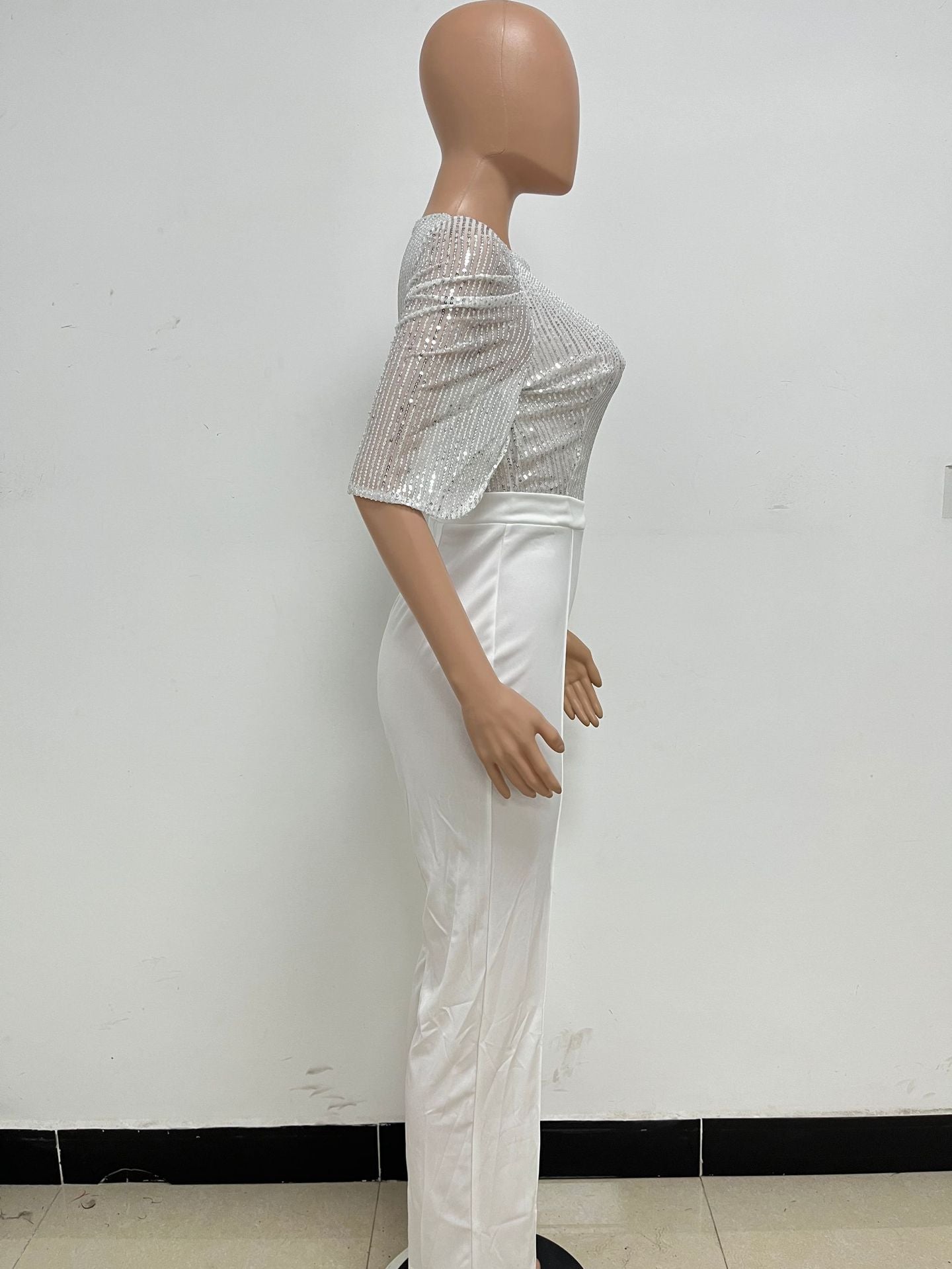 Women's Fashion Sequins Half Sleeve Wide-Leg Chic Ladies Jumpsuit 27