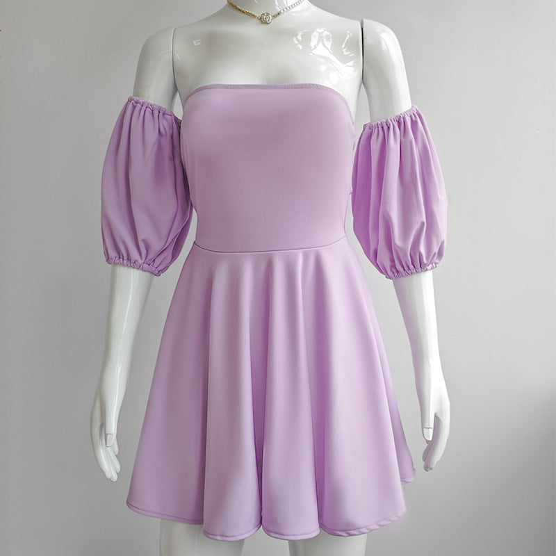 Women's Summer Square Neck Puff Sleeve Slim Waist Sexy Dress 8