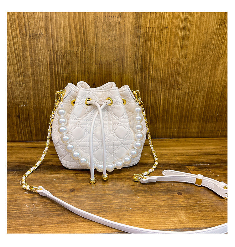 Women Lingge Bag Fashion Pearl Bucket Bag Shoulder Messenger Bag