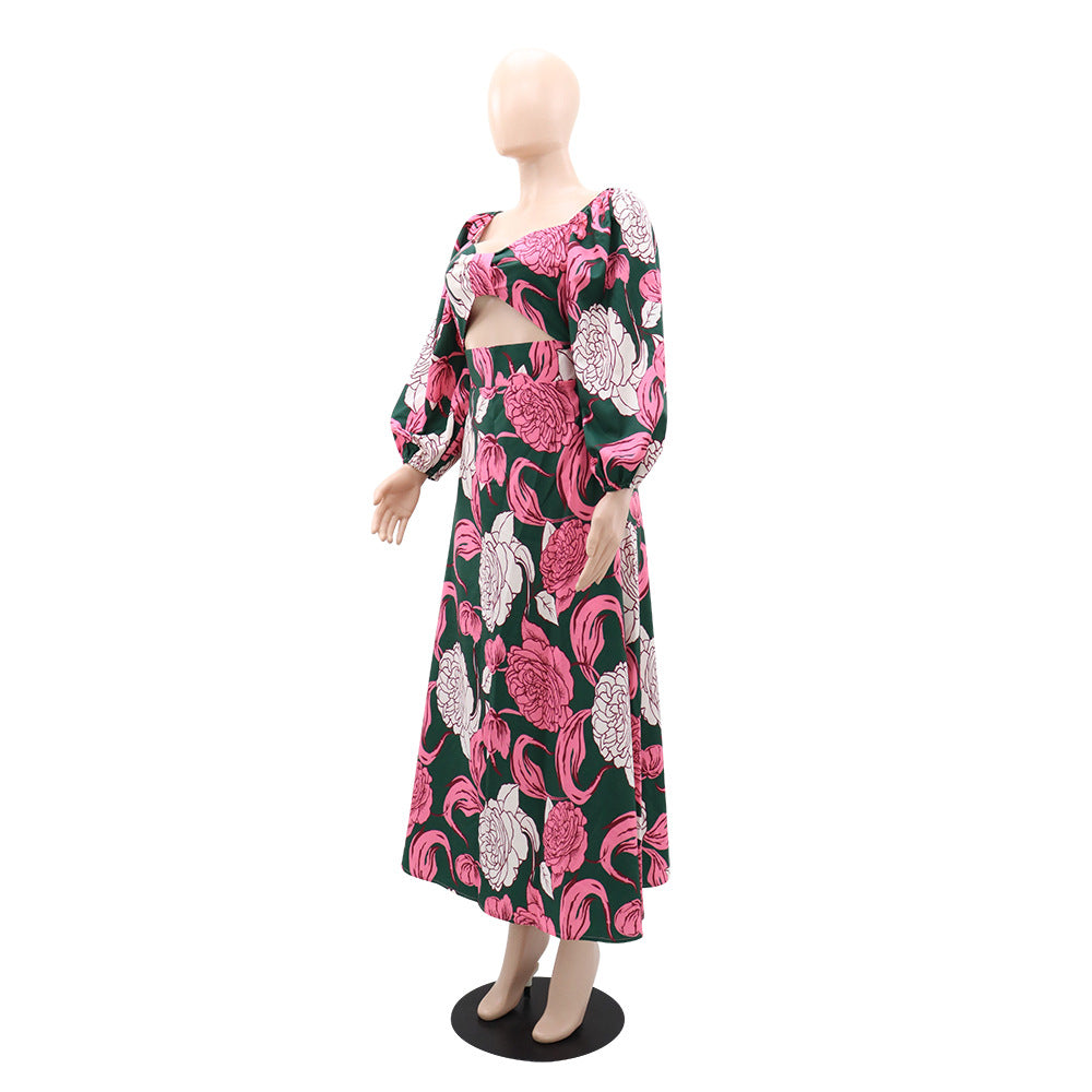 Women's Square Neck Bow Hollow Design Bubble Long Sleeve Chic Long Dress 4