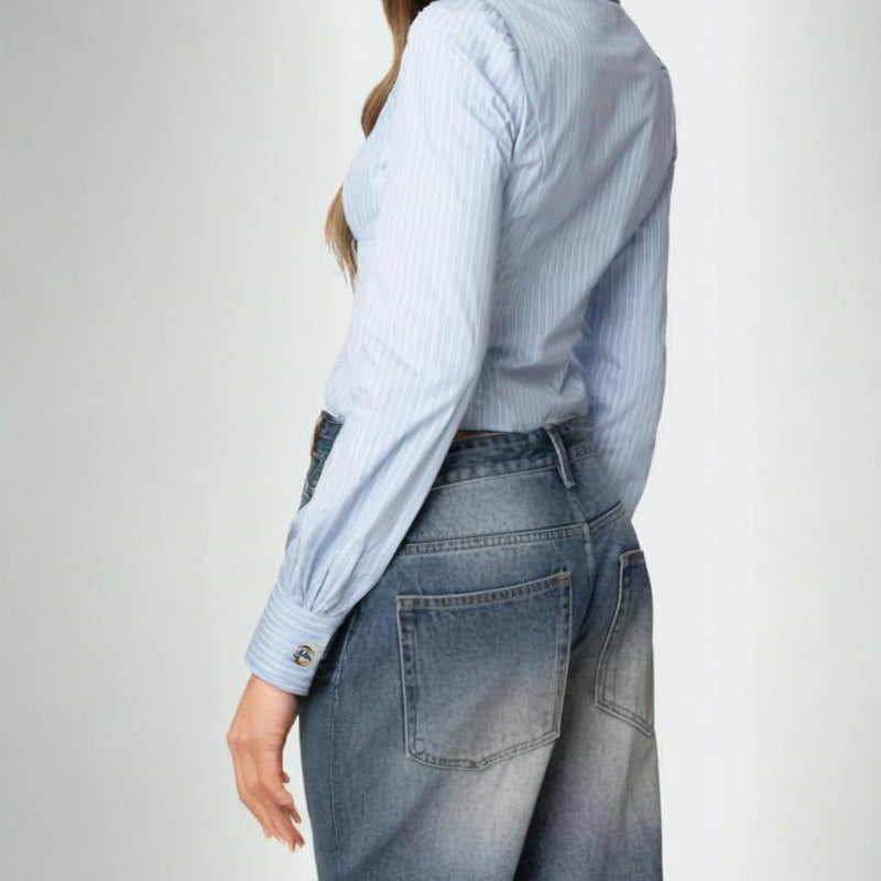 Women's Turndown Collar Shirt & Fishbone Slim Waist Top 4