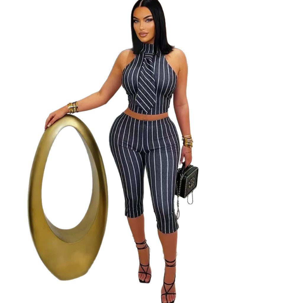 Women Summer Black and White Striped Sleeveless Turndown Collar Vest Top Three-Piece Pants Two-Piece Set 6