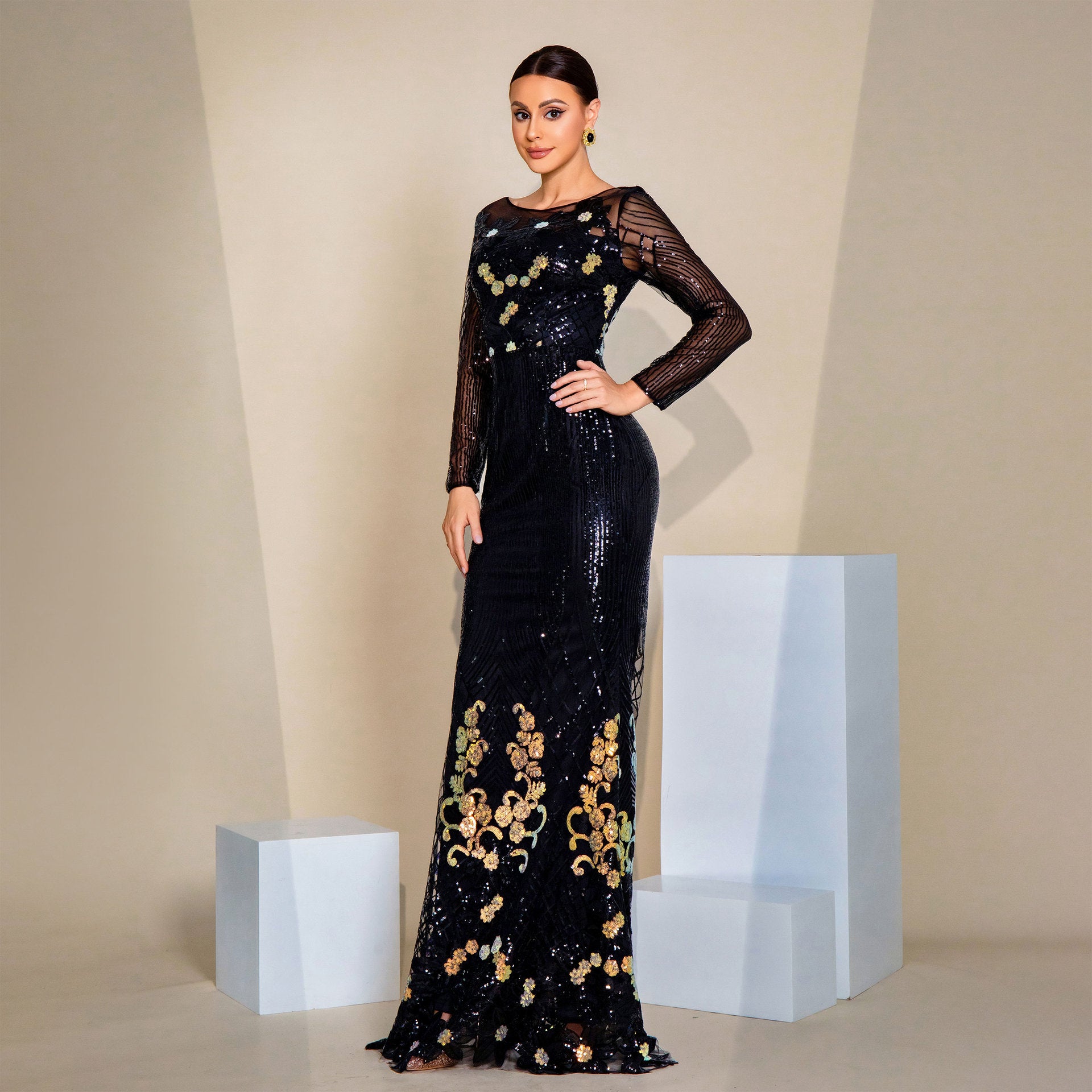 Women Sequined Long Sleeve Round Neck Formal Party Maxi Evening Dress 5