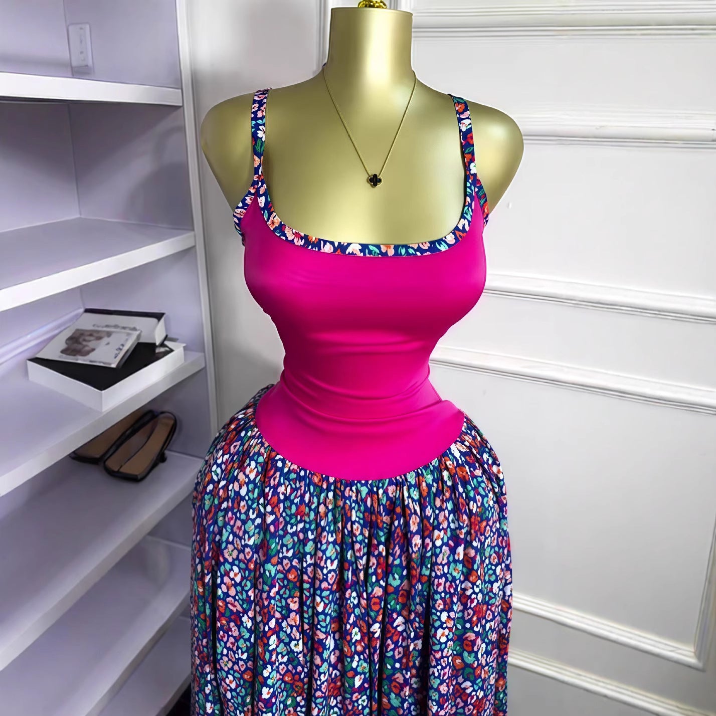 Women's Summer Sleeveless Print Sexy Strap Pleated Long Dress 4