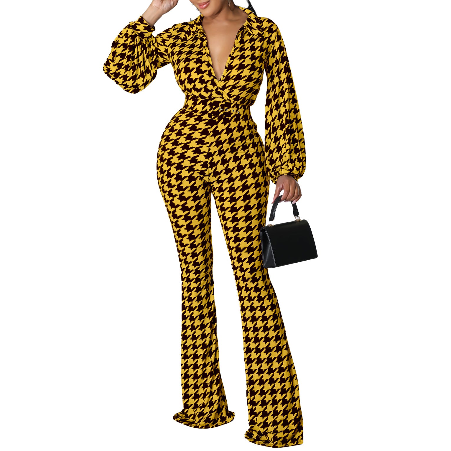 Women's Autumn and Winter V-neck Puff Sleeve Slim Waist Printed Wide Leg Plus Size African Jumpsuit 9