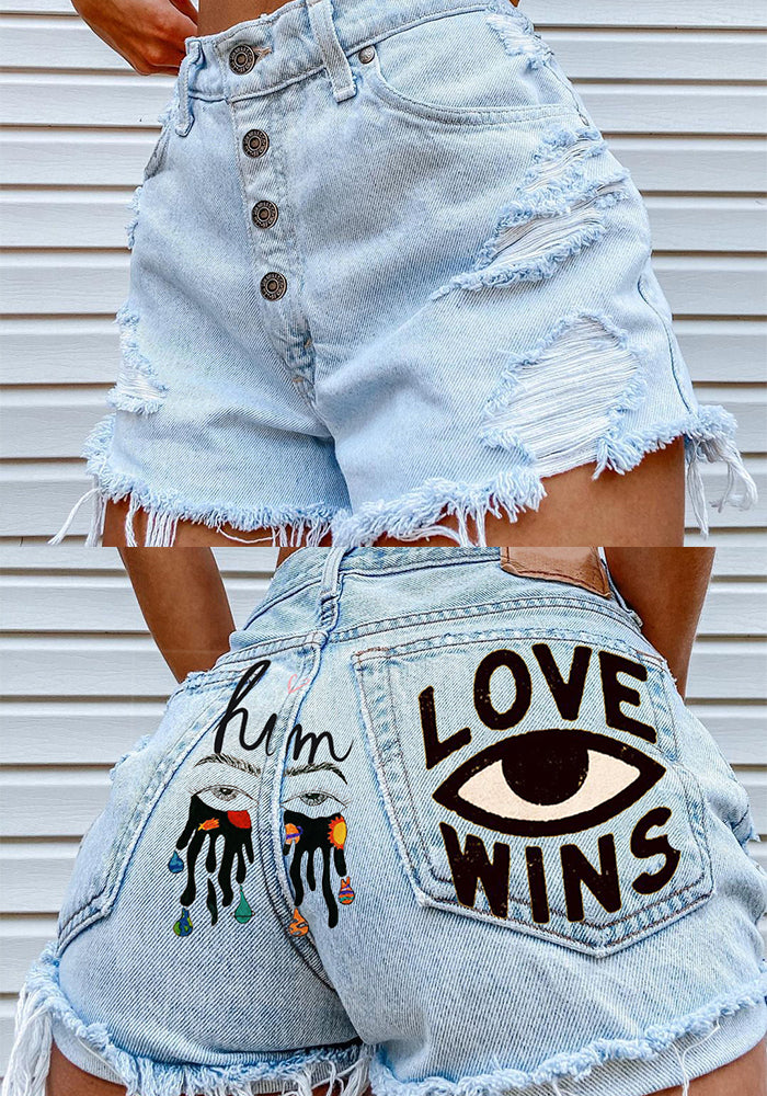 Eye Graffiti Pattern Denim Shorts For Women