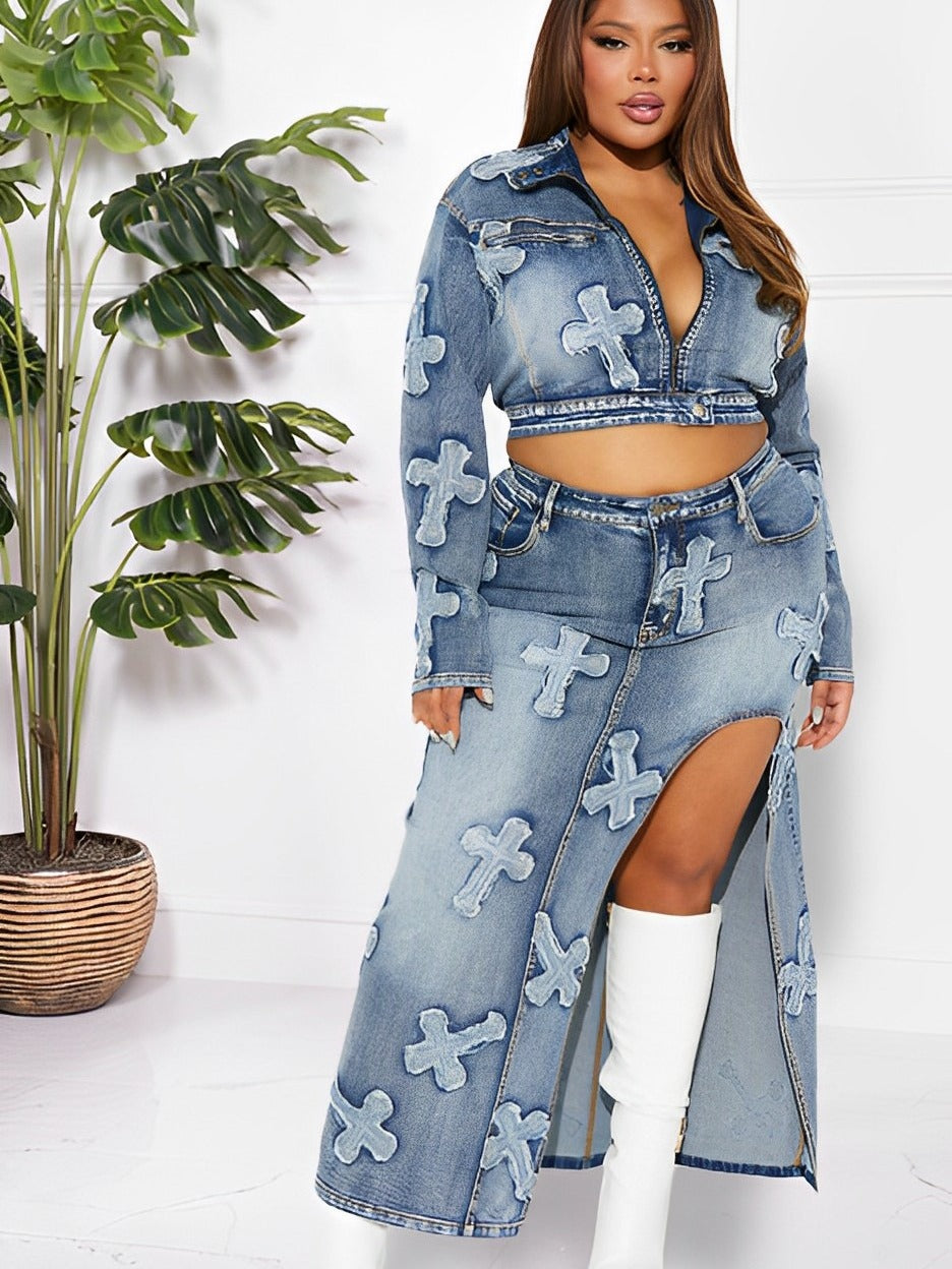 Women's Fashion Sexy High Stretch Embroidered Washed Denim Two Piece Skirt Set 3
