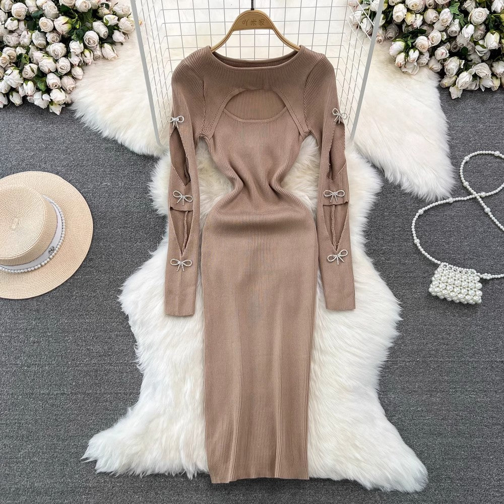 Autumn And Winter Sexy Long Sleeve Round Neck Hollow Slim Waist Slim Fit Knitting Bodycon Basic Dress 4