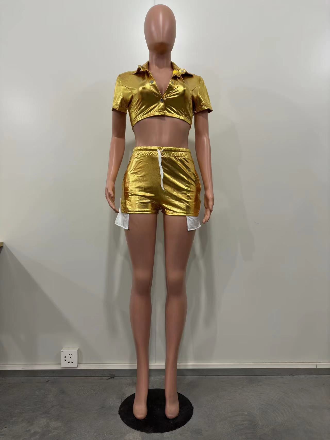 Women's Deep Pocket Slit Pu Leather Short Front Short Back Long Shorts Two-Piece Set 34