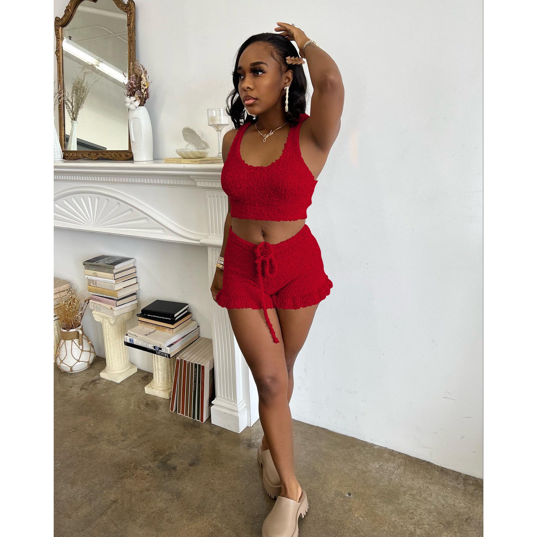 Ladies Spring Summer Stylish Fleece Comfort Tank Top Shorts  Two Piece Set 4