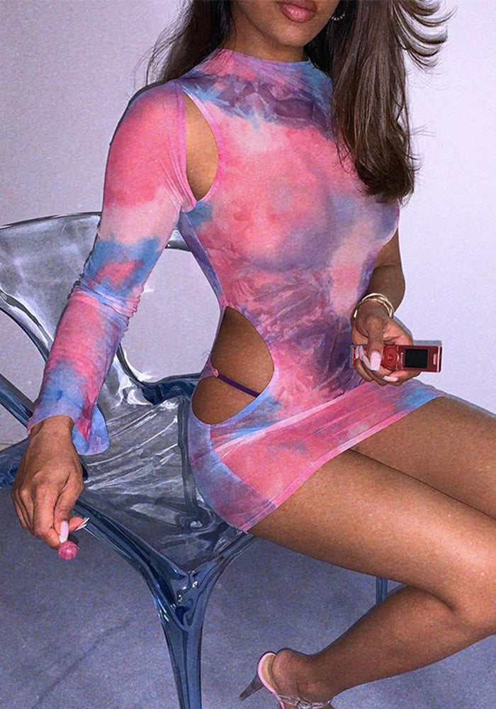 Women Spring Printed Mesh See-Through Hollow Round Neck Single Sleeve Dress