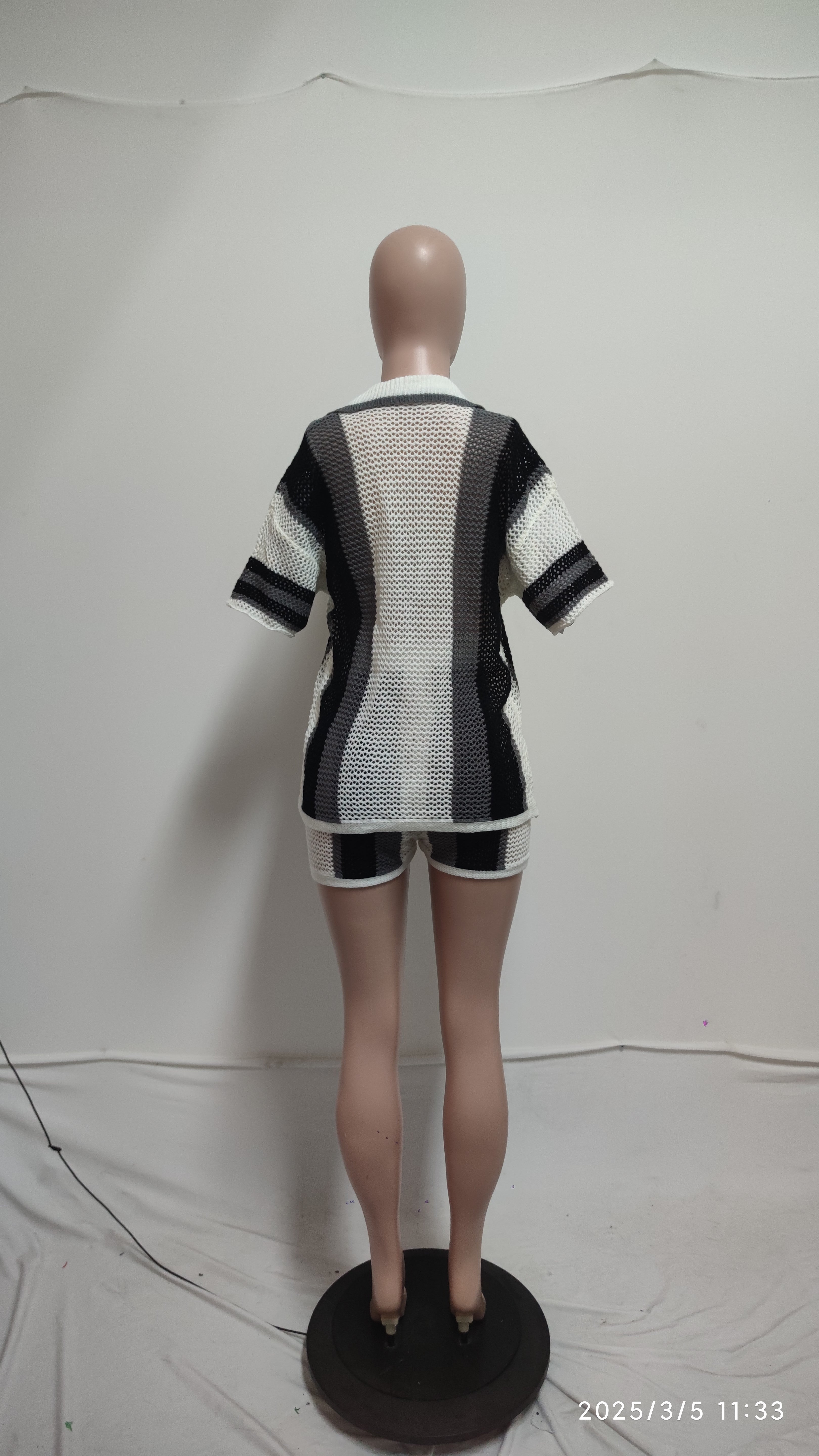 Women's Sexy Hollow See-Through Turndown Collar Knitting Two Piece Shorts Set 32