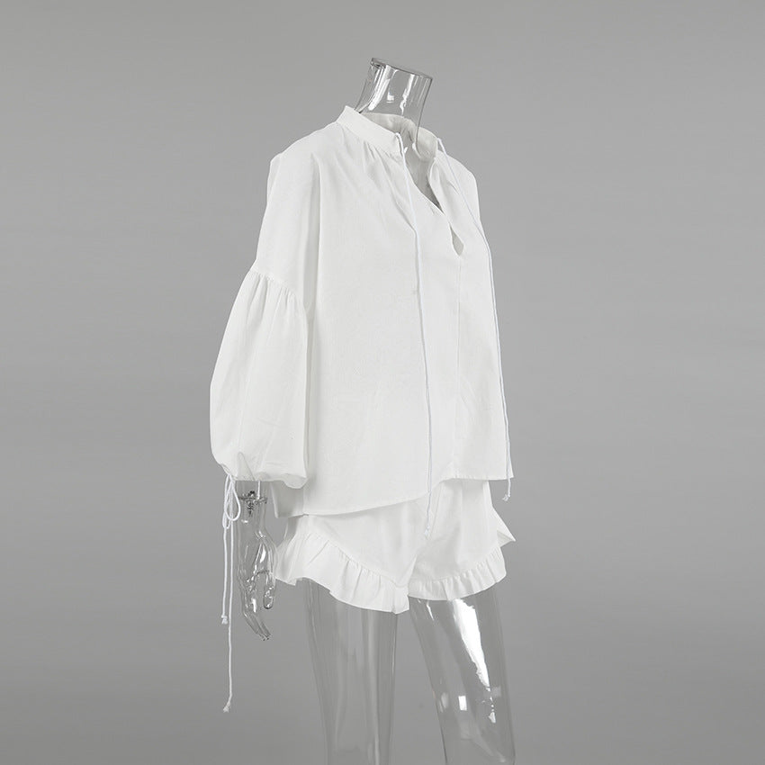 Women Spring White V-neck Lantern Sleeve Long Sleeve Top and Shorts Two-piece Set 8