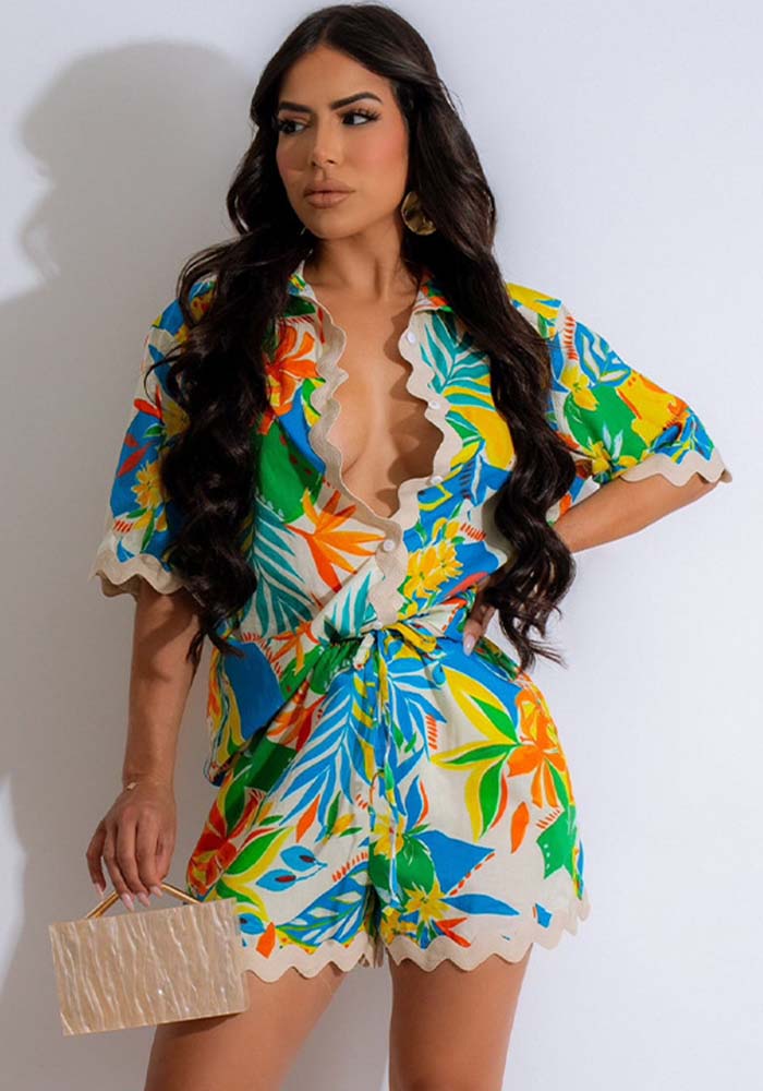 Women casual print wave lace short-sleeved shirt and shorts two-piece set