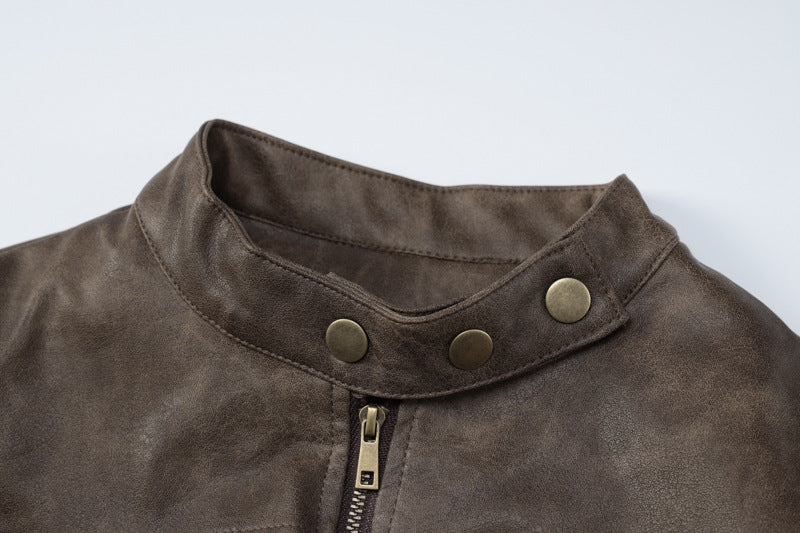 American Retro Distressed Short Jacketversatile Autumn Slim Fit Stand Collar Pu Leather Trendy Clothing 14
