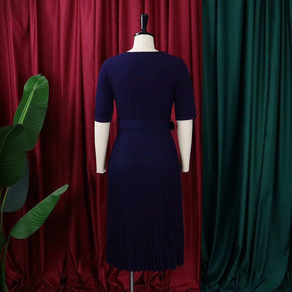 Women's Summer Fashion Round Neck Short Sleeve Solid Color Pleated Elegant Plus Size African Dress 12