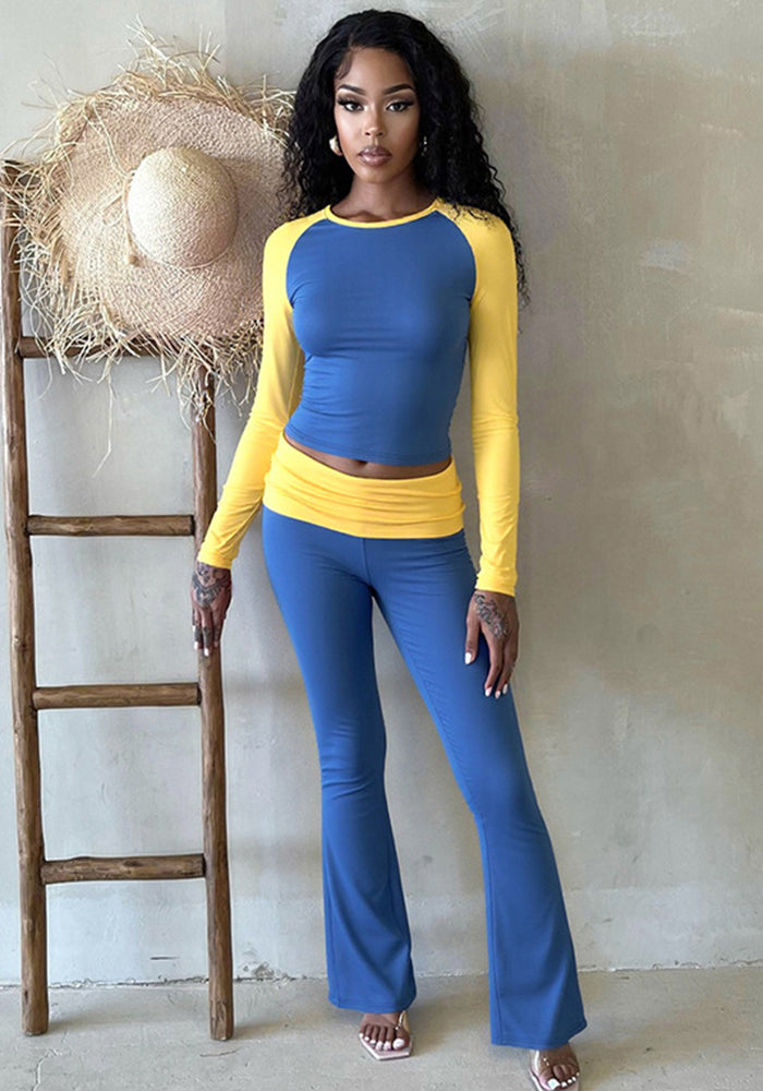 Women Contrast Raglan Long Sleeve Top and Folded Flared Trousers Two-Piece Set