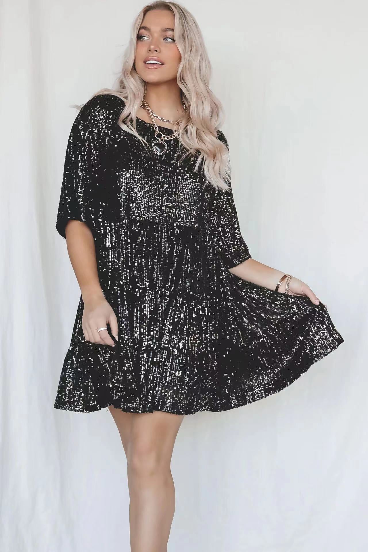 Fashion Sequin Round Neck Short Sleeve Big Swing Cute Dress 11
