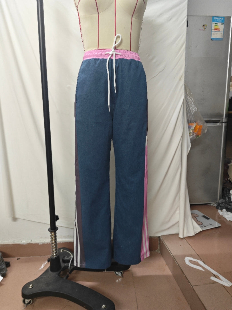 Women side striped color matching sports pants Denim wide-leg pants 6