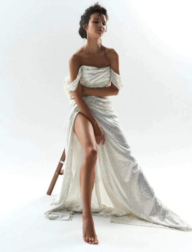 Spring Summer Ladies Sexy Glitter Off Shoulder Slit Prom Gown Dress 6