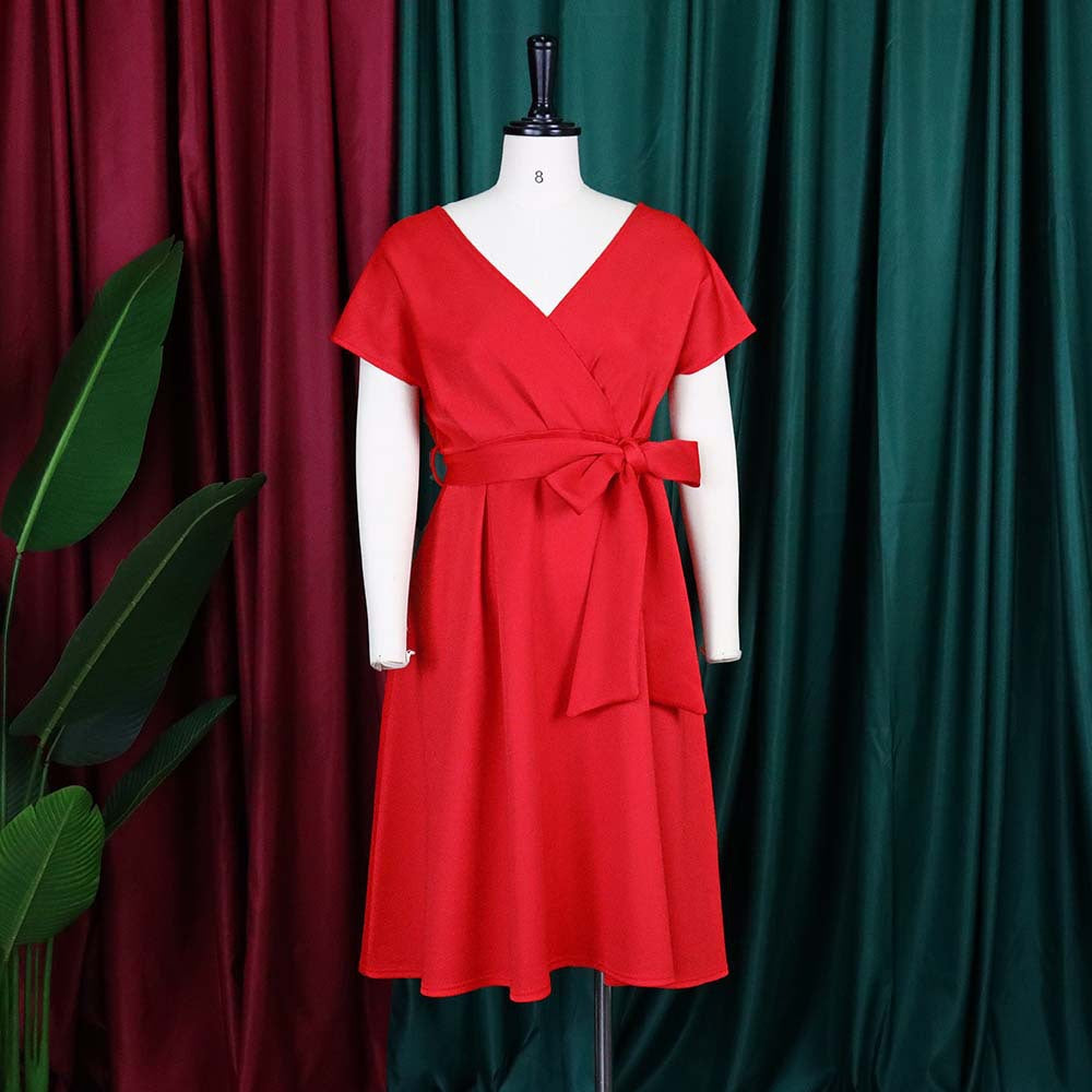 Summer V-Neck Solid Color Slim Waist Bow Lace-Up A-Line Dress 31