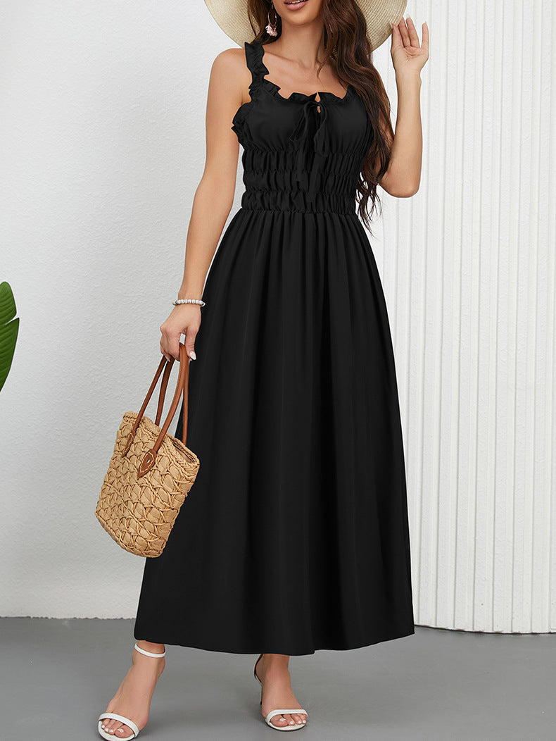 Women Spring And Summer Casual Solid Color Slim Waist Strap Holidays Long Dress 5