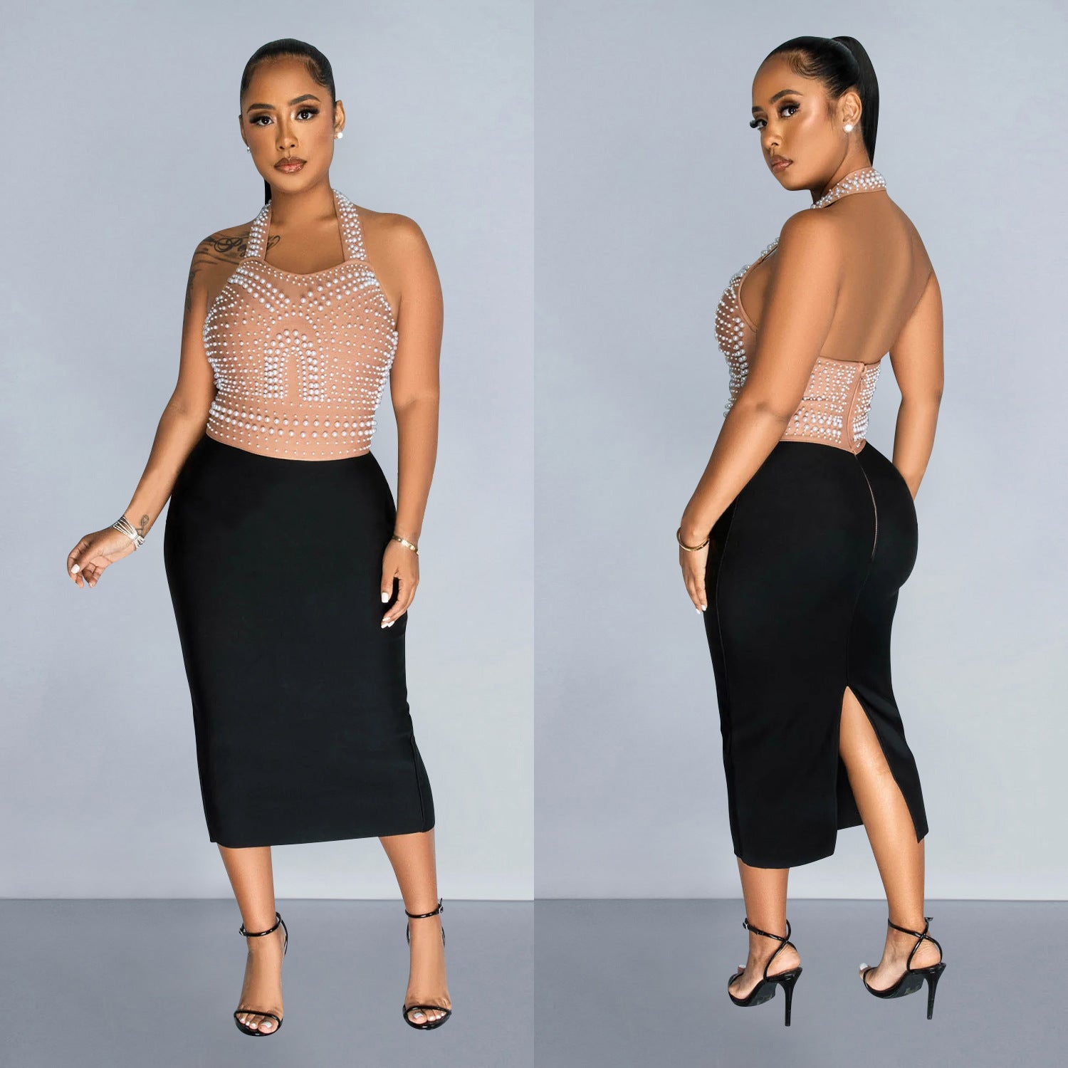 WomenSolid Mesh Beaded Halter Neck Maxi Dress 3