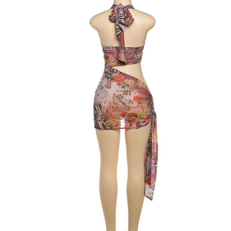 Summer Print Sexy Halter Sleeveless Hollow Bodycon Dress 8