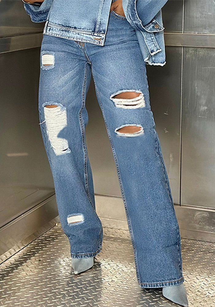 Women's Straight Leg Ripped Denim Pants