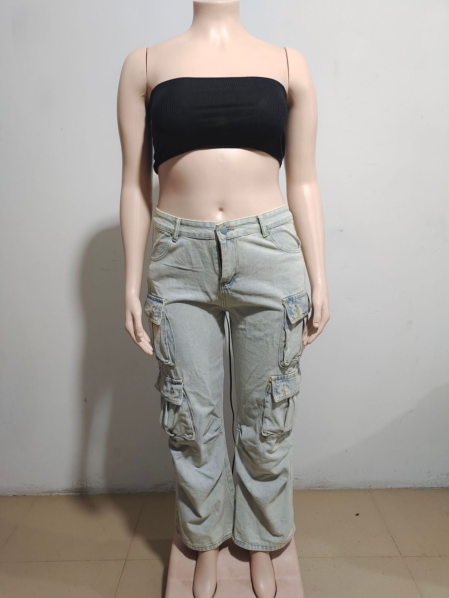 Women American Fashion Retro Cargo Denim Straight Pants 9