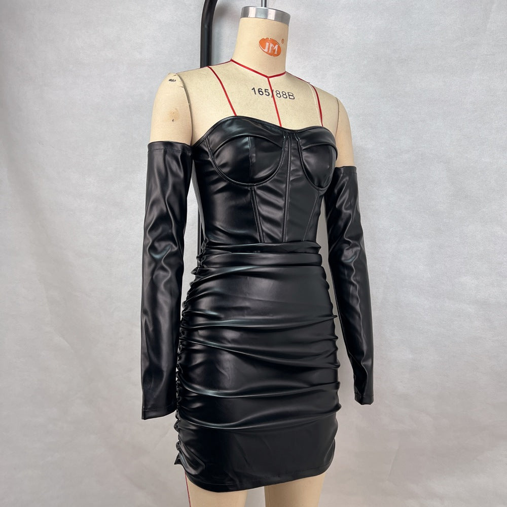 Women Spring and Summer Sexy Off Shoulder Pleats Pu-Leather Strapless Bodycon Dress 7