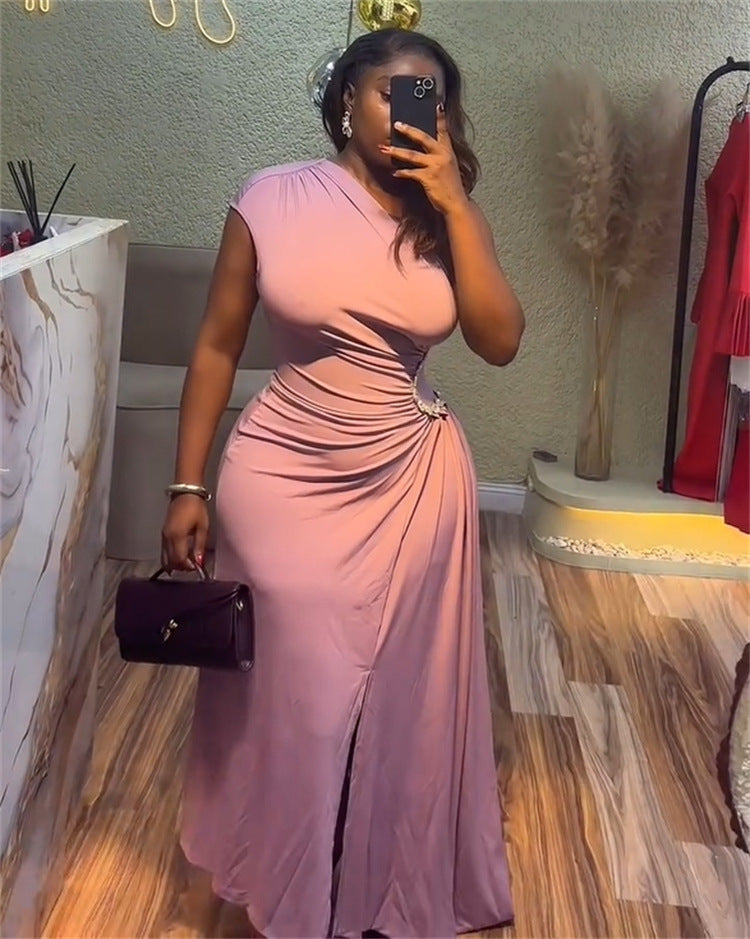 Women's Summer Chic Slash Shoulder Pleated Crystal-Detailed Slim Waist Asymmetrical Maxi Dress 4