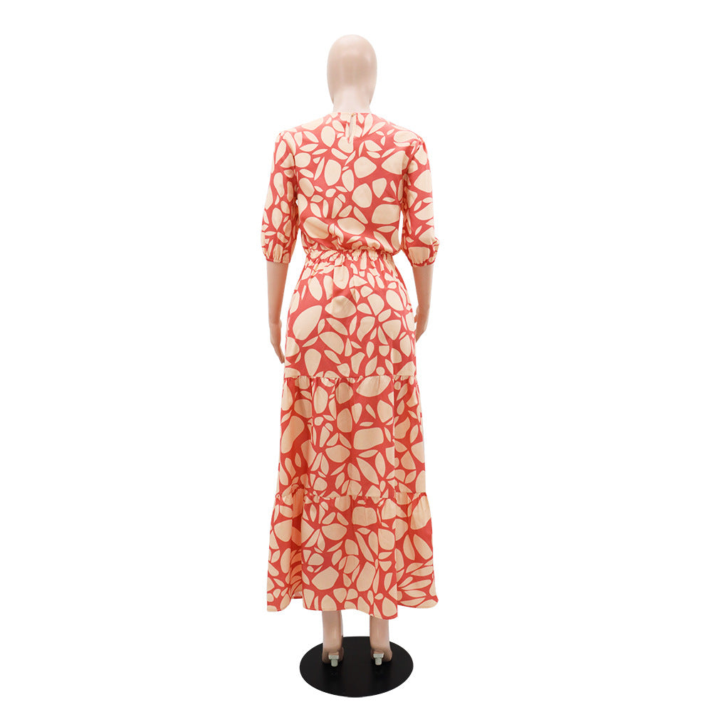 Women's printed Chic elegant Round Neck Patchwork A-line long skirt set 5