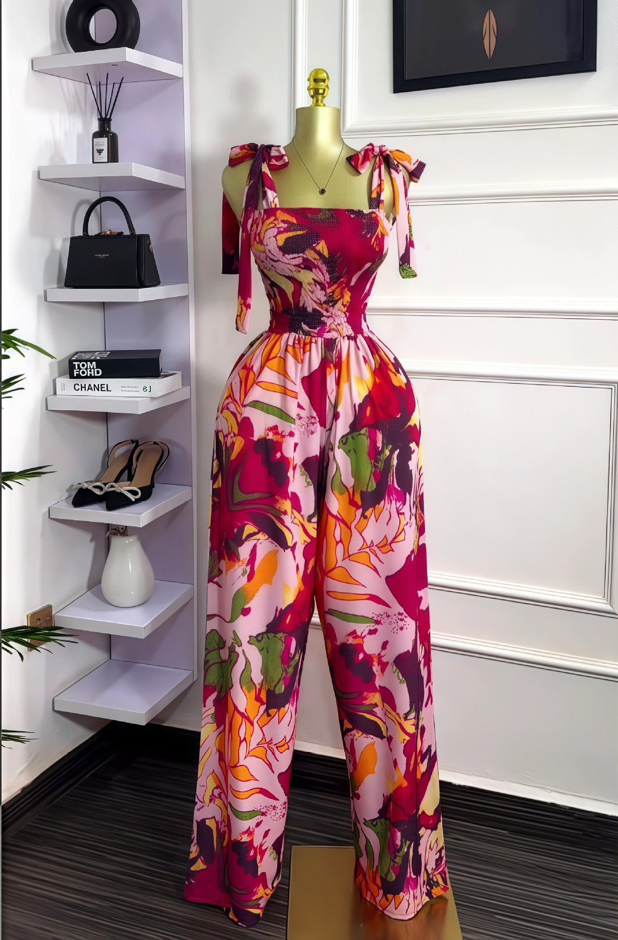 Women Summer Sleeveless Bow Tie Strapless Print Jumpsuit