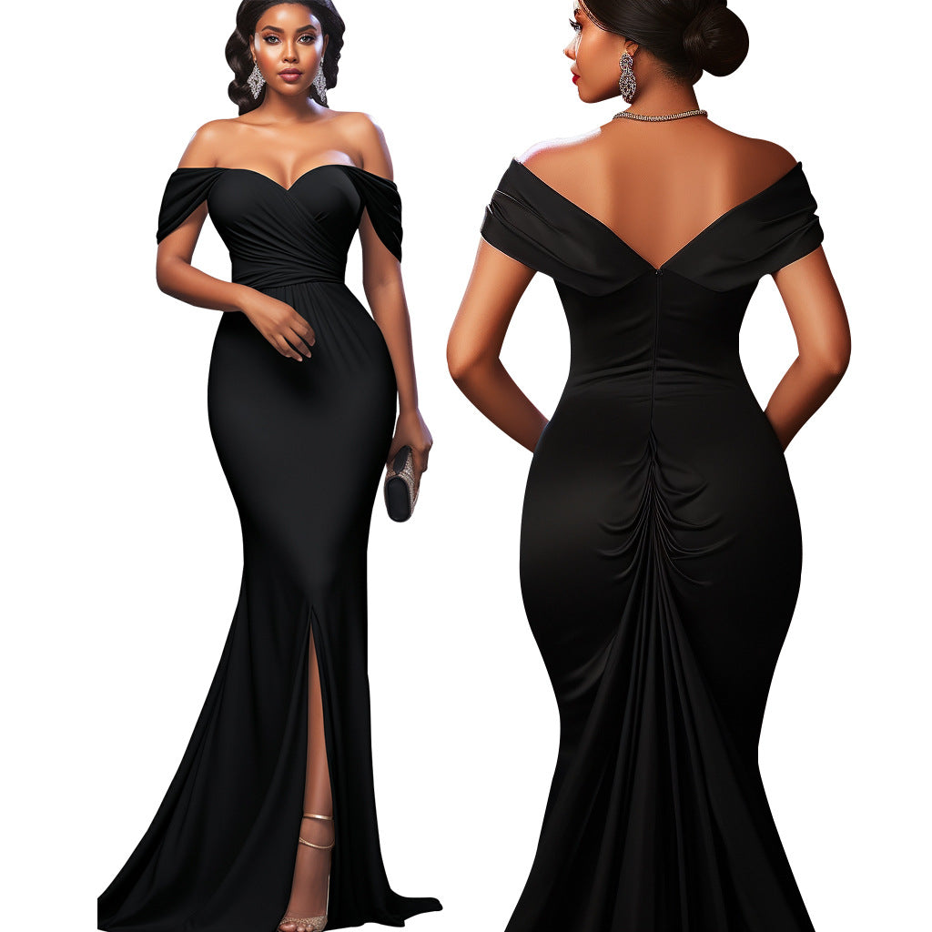 Women Sexy Solid Off-shoulder Evening Dress 5