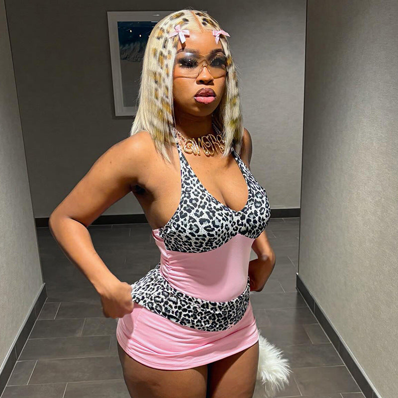 Women's Halter Deep V Neck Leopard Print Patchwork Mini Dress 3