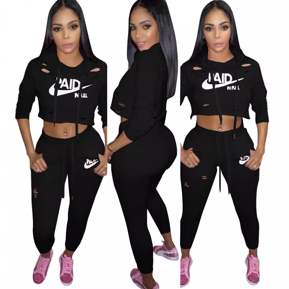 Women's Autumn & Winter Letter Printed Slim-Fitting Casual Two-Piece Pants Set