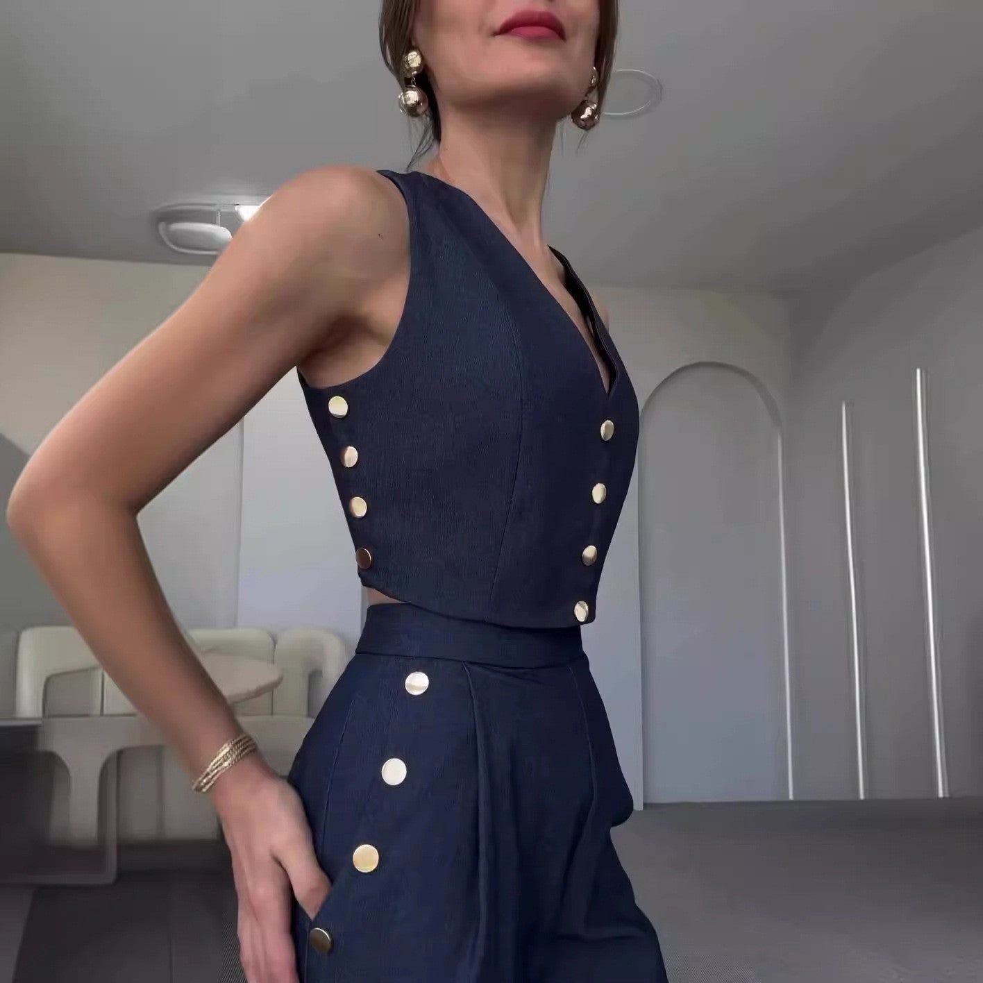 Women Casual Summer Solid Vest and Pants Two-Piece Set 6