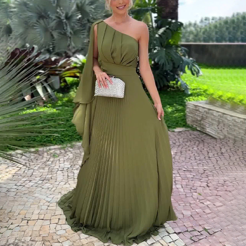 Women Summer Slash Shoulder Off-shoulder Pleated Elegant Maxi Dress 3